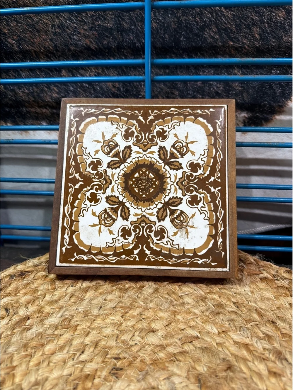 Vintage Decorative Wooden Tile with Floral Pattern